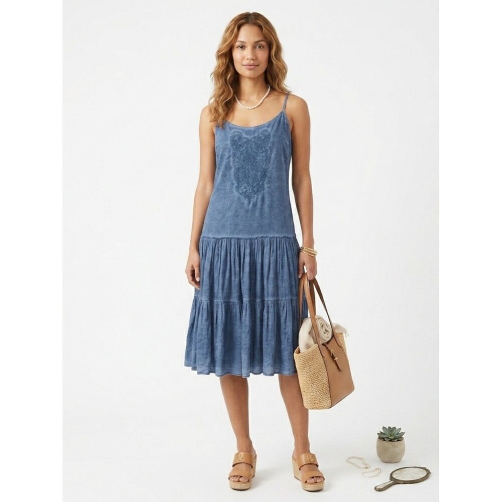 Lauren Ralph Lauren Chambray Tiered Sleeveles Dress Cotton Boho Crochet Applique